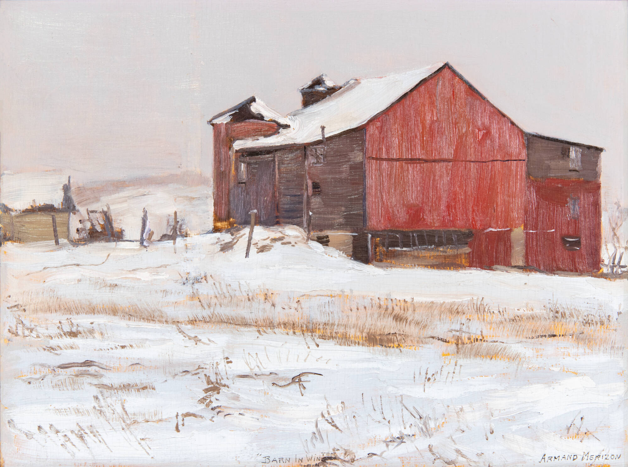 Snowy landscape scene with a red barn.